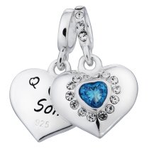 925 Sterling Silver Mom & Son Love Heart Blue CZ Dangle Bead for European Charm Bracelets