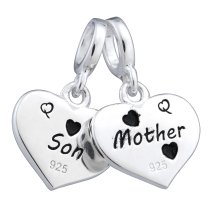 925 Sterling Silver Mom & Son Love Heart Blue CZ Dangle Bead for European Charm Bracelets