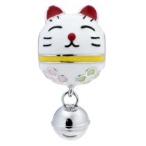 Rhodium on 925 Sterling Silver Fortune Lucky Cat Enamel Jingle Bell Dangle Bead for European Charm Bracelets