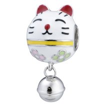 Rhodium on 925 Sterling Silver Fortune Lucky Cat Enamel Jingle Bell Dangle Bead for European Charm Bracelets