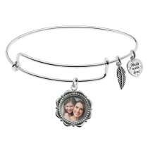 925 Sterling Silver Personalized Photo Dangle Charm Adjustable Wire Bangle Bracelet