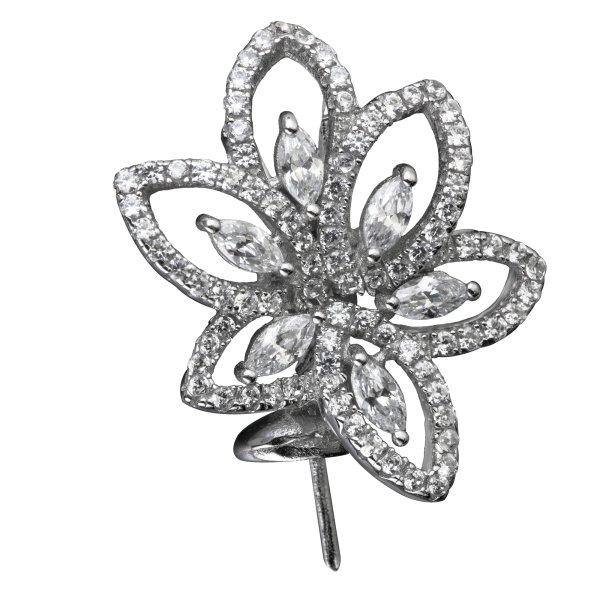 1x Rhodium on 925 Sterling Silver Flower CZ Crystal 7mm Pearl Cup Bail Pendant Connector