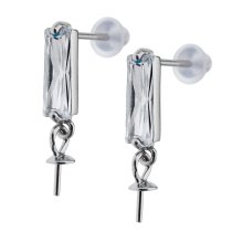 2x Rhodium on Sterling Silver Rectangular Bar CZ Pearl Cup Dangle Earwire Stud Post Earring