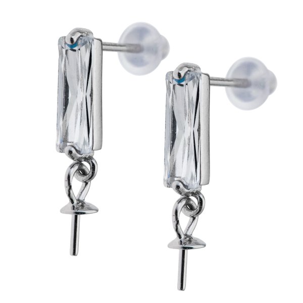 2x Rhodium on Sterling Silver Rectangular Bar CZ Pearl Cup Dangle Earwire Stud Post Earring