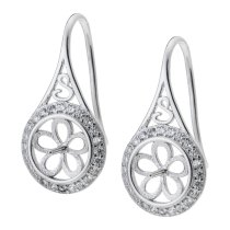 2x Rhodium on Sterling Silver Teardrop Filigree Flower CZ Pearl Earwire Hook Earring Connector