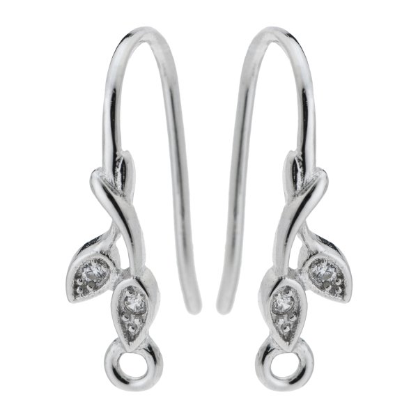 2x Rhodium on 925 Sterling Silver CZ Flower Leaf Earwire Hook Dangle Earring Connector
