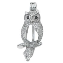 1x Rhodium on 925 Sterling Silver Owl CZ Interchangeable Pearl Bead Charm Pendant Holder