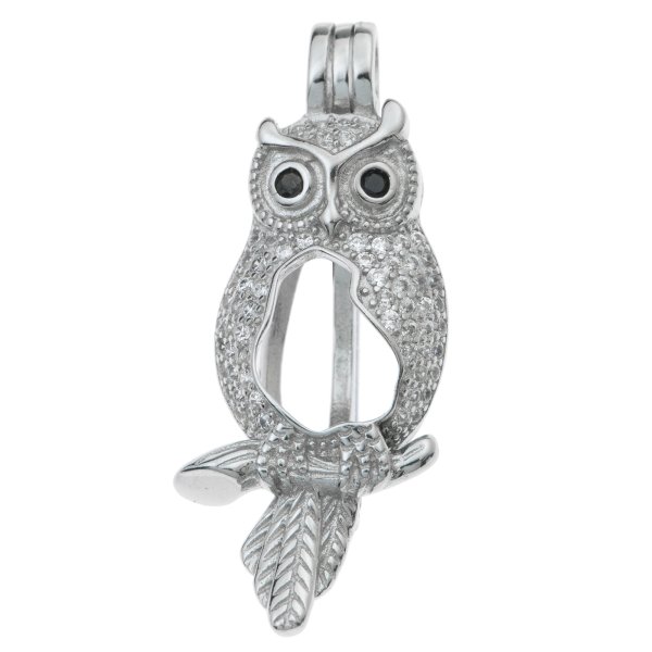 1x Rhodium on 925 Sterling Silver Owl CZ Interchangeable Pearl Bead Charm Pendant Holder