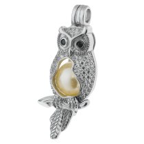 1x Rhodium on 925 Sterling Silver Owl CZ Interchangeable Pearl Bead Charm Pendant Holder