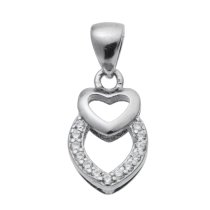 Rhodium on 925 Sterling Silver Double Love Heart CZ Pinch in Bail Pendant Connector