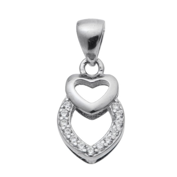 Rhodium on 925 Sterling Silver Double Love Heart CZ Pinch in Bail Pendant Connector