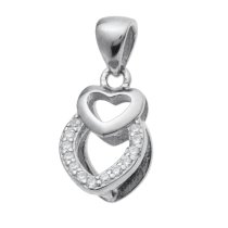 Rhodium on 925 Sterling Silver Double Love Heart CZ Pinch in Bail Pendant Connector