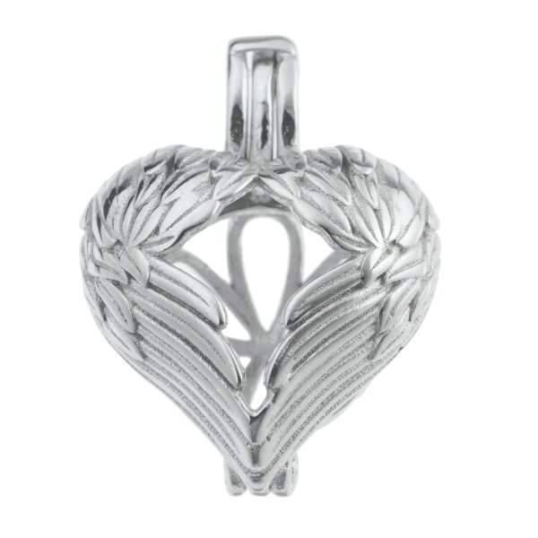 Rhodium on 925 Sterling Silver Guardian Angel Wing Heart Interchangeable Pearl Cage Bead Charm Holder Pendant