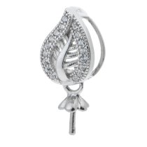 1x Rhodium on 925 Sterling Silver Tree Leaf CZ 4mm Pearl Cup Bail Pendant Connector