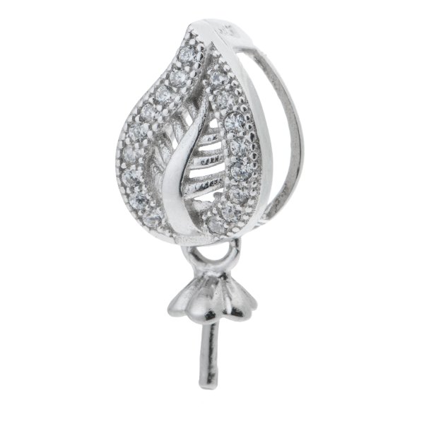 1x Rhodium on 925 Sterling Silver Tree Leaf CZ 4mm Pearl Cup Bail Pendant Connector