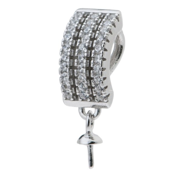 1x Rhodium on 925 Sterling Silver CZ 3mm Pearl Cup Pin Bail Pendant Connector Slide