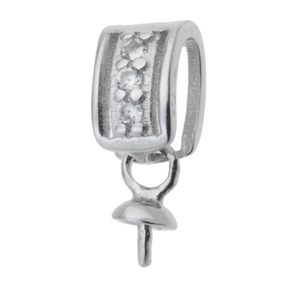 1x Rhodium on 925 Sterling Silver CZ 3mm Pearl Cup Pin Bail Pendant Connector Slide