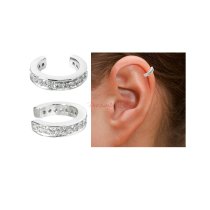 1x Rhodium on 925 Sterling Silver Round Ring Clear CZ Crystal Clip Cuff Earrings / Ear Cuffs Wrap
