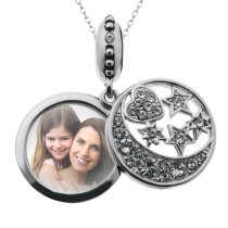 925 Sterling Silver Personalized Photo Moon Star European Charm Pendant Chain Necklace 18" Made of Swarovski Elements Crystal