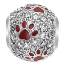 Rhodium on 925 Sterling Silver Red Enamel Puppy Dog Paw Footprint Bead for European Charm Bracelet Made with Swarovski Elements Crystals