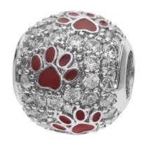 Rhodium on 925 Sterling Silver Red Enamel Puppy Dog Paw Footprint Bead for European Charm Bracelet Made with Swarovski Elements Crystals