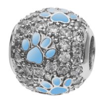 Rhodium on 925 Sterling Silver Blue Enamel Puppy Dog Paw Footprint Bead for European Charm Bracelets Made of Swarovski Elements Crystals