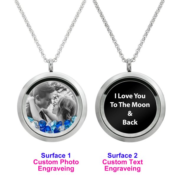 1x Stainless Steel Personalize Photo Engrave Round Floating Crystal Chain Necklace Pendant 30mm