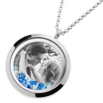 1x Stainless Steel Personalize Photo Engrave Round Floating Crystal Chain Necklace Pendant 30mm