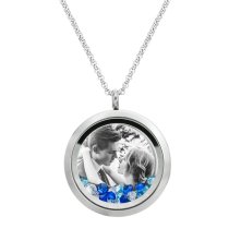 1x Stainless Steel Personalize Photo Engrave Round Floating Crystal Chain Necklace Pendant 30mm