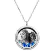 1x Stainless Steel Personalize Photo Engrave Round Floating Crystal Chain Necklace Pendant 30mm