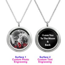 1x Stainless Steel Personalize Photo Engrave Round Floating Crystal Chain Necklace Pendant 30mm