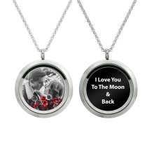 1x Stainless Steel Personalize Photo Engrave Round Floating Crystal Chain Necklace Pendant 30mm