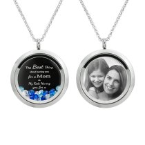 1x Stainless Steel Personalize Photo Message Engrave Round Floating Crystal Chain Necklace Pendant to My Best Mom Mother 30mm Blue