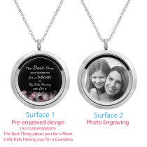 1x Stainless Steel Personalize Photo Message Engrave Round Floating Crystal Chain Necklace Pendant to My Best Mom Mother 30mm Pink Purple