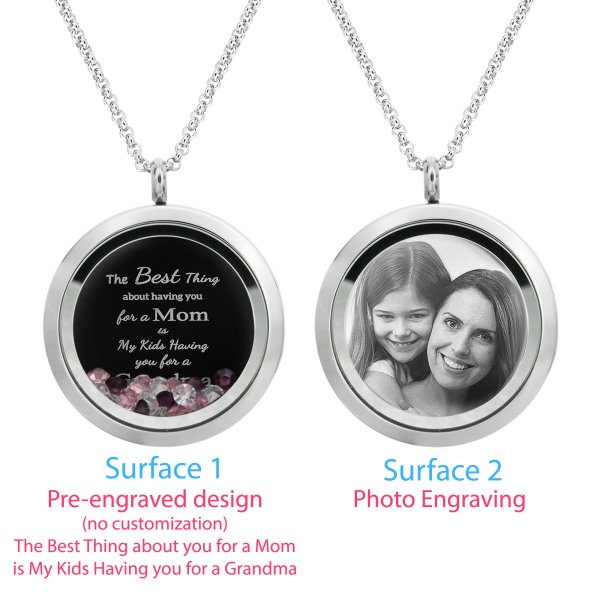 1x Stainless Steel Personalize Photo Message Engrave Round Floating Crystal Chain Necklace Pendant to My Best Mom Mother 30mm Pink Purple