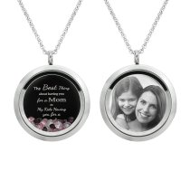 1x Stainless Steel Personalize Photo Message Engrave Round Floating Crystal Chain Necklace Pendant to My Best Mom Mother 30mm Pink Purple