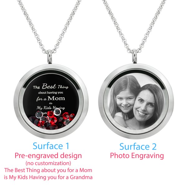 1x Stainless Steel Personalize Photo Message Engrave Round Floating Crystal Chain Necklace Pendant to My Best Mom Mother 30mm Red
