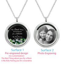 1x Stainless Steel Personalize Photo Message Engrave Round Floating Crystal Chain Necklace Pendant to My Best Mom Mother 30mm Green