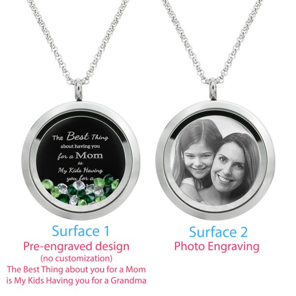 1x Stainless Steel Personalize Photo Message Engrave Round Floating Crystal Chain Necklace Pendant to My Best Mom Mother 30mm Green