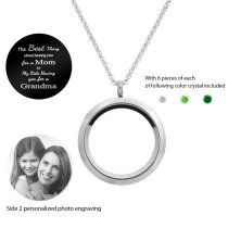 1x Stainless Steel Personalize Photo Message Engrave Round Floating Crystal Chain Necklace Pendant to My Best Mom Mother 30mm Green