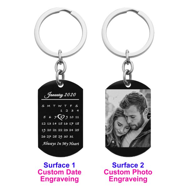 Custom Engraved Personalized Calendar Date & Photo Memorial Stainless Steel Dog Tag Keychain