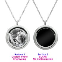 1x Stainless Steel Laser Engraved Personalized Photo & Text Message Round Floating Crystal Chain Necklace Pendant 30mm Clear