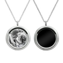 1x Stainless Steel Laser Engraved Personalized Photo & Text Message Round Floating Crystal Chain Necklace Pendant 30mm Clear