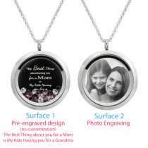1x Stainless Steel Personalize Photo Message Engrave Round Floating Crystal Chain Necklace Pendant to My Best Mom Mother 30mm Purple