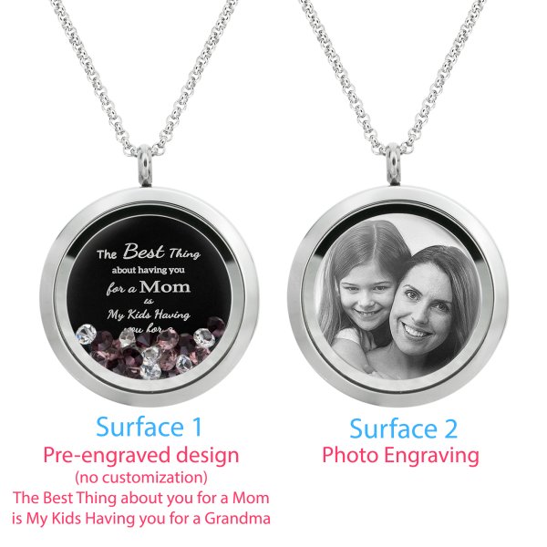 1x Stainless Steel Personalize Photo Message Engrave Round Floating Crystal Chain Necklace Pendant to My Best Mom Mother 30mm Purple