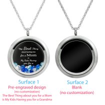 1x Stainless Steel Personalize Photo Message Engrave Round Floating Crystal Chain Necklace Pendant to My Best Mom Mother 30mm Blue