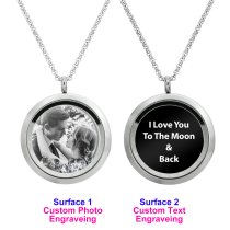 1x Stainless Steel Laser Engraved Personalized Photo & Text Message Round Floating Crystal Chain Necklace Pendant 30mm Clear