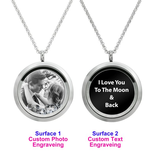 1x Stainless Steel Laser Engraved Personalized Photo & Text Message Round Floating Crystal Chain Necklace Pendant 30mm Clear
