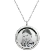 1x Stainless Steel Laser Engraved Personalized Photo & Text Message Round Floating Crystal Chain Necklace Pendant 30mm Clear