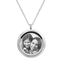 1x Stainless Steel Laser Engraved Personalized Photo & Text Message Round Floating Crystal Chain Necklace Pendant 30mm Clear